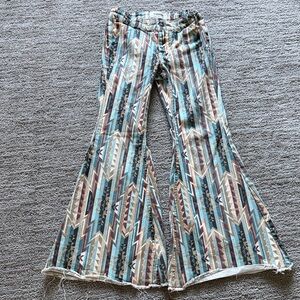Girls 10 Rock and Roll denim Boho Aztec Flared Pants — Teal, Brown & Cream